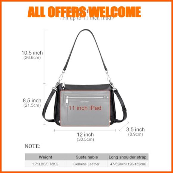 Genuine Leather Crossbody Bag with Multi Pockets Hobo Shoulder Purse - Picture 6 of 7